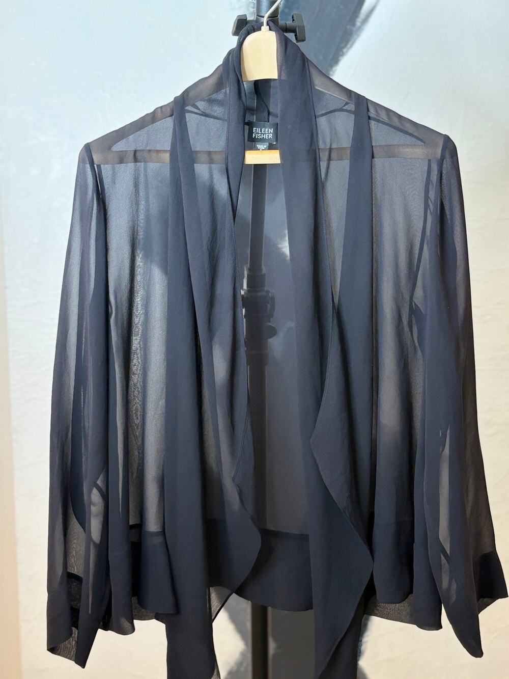 Eileen Fisher Black Sheer Silk Georgette Open Front Draped Jacket Cardigan Small